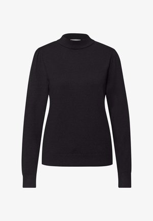 Musta pitkähiha-pusero, jossa korkea kaulus, resorit hihansuissa ja sileä, pehmeä pinta. Ei näkyviä kuvioita tai metalliosia.