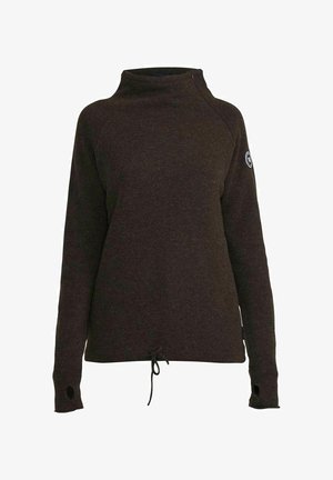 Brūns, garām piedurknēm džemperis ar augstu apkakli, raglan piedurknēm un vingrošanas apakšmalu. Iezīmēts ar pirkstu caurumiem un logotipa uzšuvumu uz piedurknes.