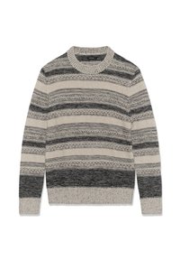 Beige och mörkgrå stickad tröja med horisontella ränder, rund hals och långa ärmar.