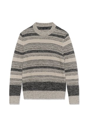 Bež in temno siva pletena jopica z vodoravno črtastim vzorcem, okroglo izrezano ovratnikom in dolgimi rokavi.