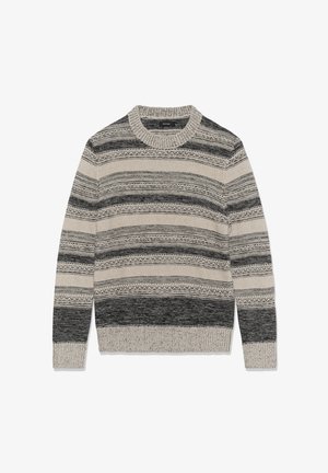 Bež in temno siva pletena jopica z vodoravno črtastim vzorcem, okroglo izrezano ovratnikom in dolgimi rokavi.