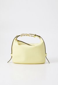 Yellow leather handbag with a rounded design, short handle, and slender straps. Features gold-tone hardware accents and a smooth texture.