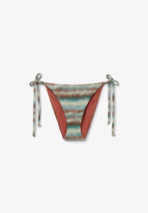 Bikini-Höschen mit verstellbaren Krawatten an den Seiten, mit einem Farbverlauf-Muster in Petrol, Braun und Rost, das mit einer einfarbigen Rost-Innenauskleidung kontrastiert.