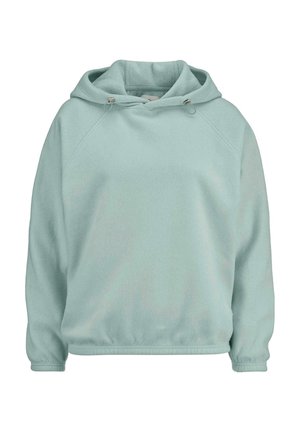 Lichtblauwe fleece hoodie met een voorkraagzak, een capuchon met trekkoord en geribbelde mouwen. Zachte textuur en losse pasvorm voor comfort.