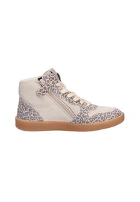 Beige vysoké tenisky se leopardím potiskem, semišovou texturou, krémovými tkaničkami a bočním zipem, vybavené gumovou podrážkou.