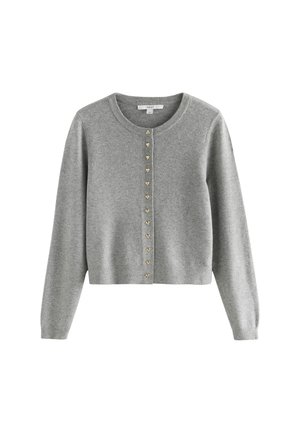 Cardigan tricoté gris clair à manches longues, avec un col rond et de petits boutons dorés en forme de cœur sur le devant.