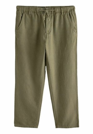Olive green casual pants with elastic waistband and drawstring, side pockets, and relaxed straight-leg fit.