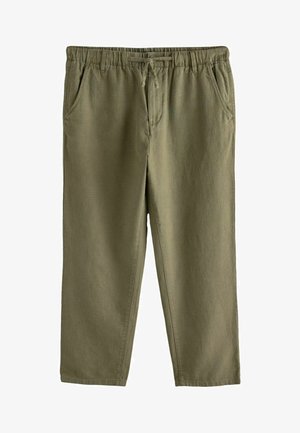 Pantaloni casual verde măsliniu cu talie elastică și șnur, buzunare laterale și croială dreaptă, relaxată.