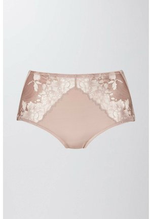 Nude high-waisted panties with floral lace accents on sides and a smooth, opaque center panel. Soft texture, scalloped edges, and no visible seams.