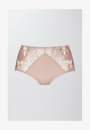 Mutandine nude a vita alta con accenti in pizzo floreale sui lati e un pannello centrale liscio e opaco. Texture morbida, bordi scallop e senza cuciture visibili.