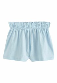 Hellblaue Shorts aus weichem Stoff. Verfügt über einen gerafften, elastischen Bund und ein einfaches, schmuckloses Design. Glatte Textur.