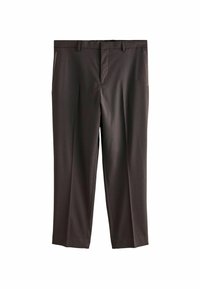 Pantalons habillés marron foncé avec une coupe plate, deux poches latérales, coupe ajustée et texture de tissu lisse. Taille standard avec passants de ceinture.