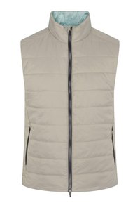 Lys beige ermeløs vest med kviltet design, høy krage, hel frontglidelås og to glideåpninger i sidene. Fôret med lys blått stoff.