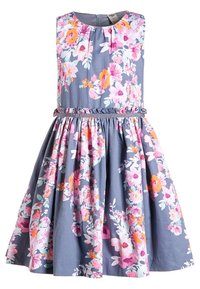 Floral dress in gray fabric featuring colorful pink and orange flowers, sleeveless design, gathered waistband, and knee-length skirt.