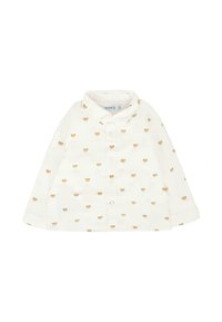 Camicia bianca a maniche lunghe con colletto button-down; presenta piccole stampe di orsi color tortora su tutta la superficie; realizzata in morbido tessuto di cotone leggero.