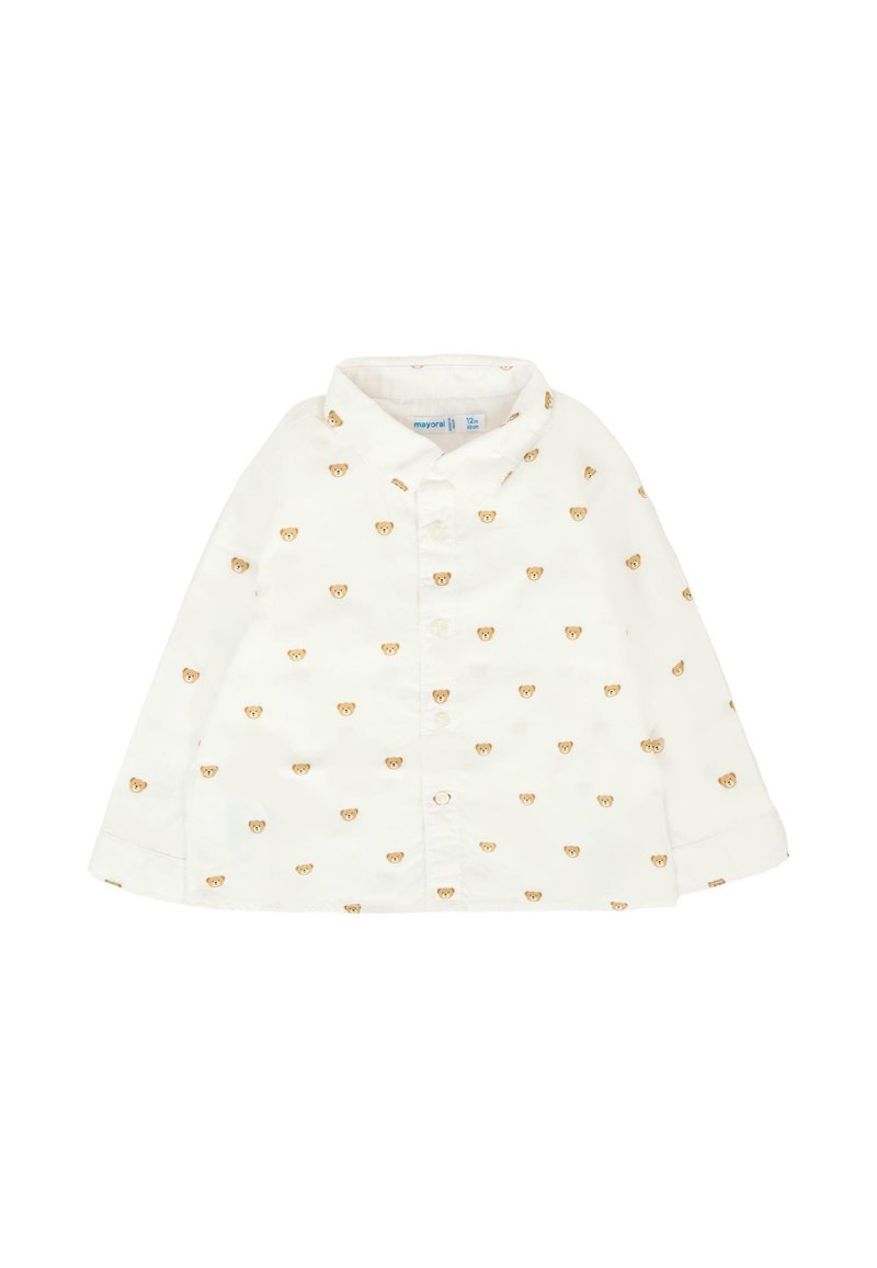 Camicia bianca a maniche lunghe con colletto button-down; presenta piccole stampe di orsi color tortora su tutta la superficie; realizzata in morbido tessuto di cotone leggero.