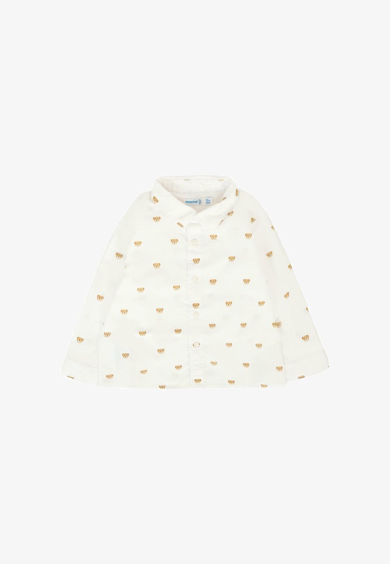 Camicia bianca a maniche lunghe con colletto button-down; presenta piccole stampe di orsi color tortora su tutta la superficie; realizzata in morbido tessuto di cotone leggero.