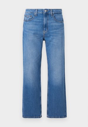 Blaue gerade geschnittene Denim-Jeans mit Vordertaschen, Gürtelschlaufen, Knopfverschluss und dezenten Verwaschungen an Oberschenkeln und Knien.