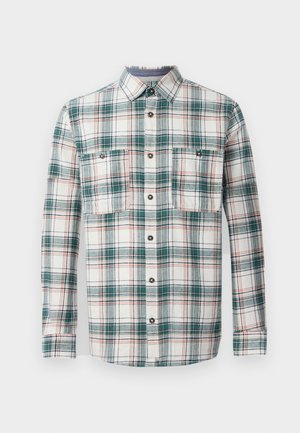 Langärmliges Button-Up-Hemd mit grün-weiß-rotem Karomuster, zwei vorderen, knöpfbaren Brusttaschen und klassischem Kragen.