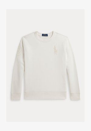 Felpa a maniche lunghe color avorio con scollo rotondo, ricamata con il logo Polo Ralph Lauren sul petto e patch con il numero 3 sulla manica destra.