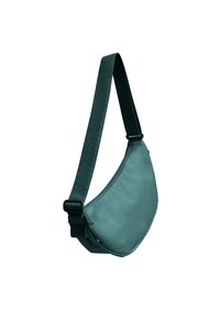 Borsa a tracolla verde scuro con tracolla regolabile e chiusura con cerniera, mostrata su sfondo bianco.