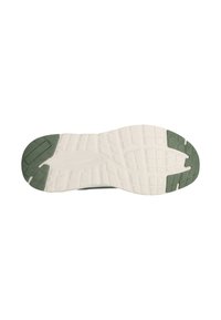 Shoe sole with a curved shape, featuring a white rubber base and green accents. Textured grip pattern for traction.