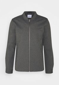 Grå zip-up jacka med upprättstående krage, långa ärmar och en slät yta. Har en dragkedja framtill och en minimalistisk design.