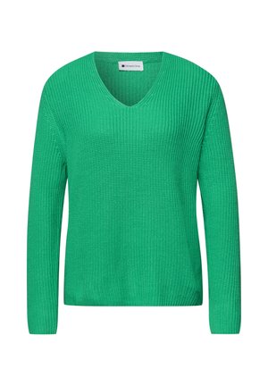 Pull vert à manches longues en tricot avec col en V et texture côtelée, étiqueté "Street One", présenté sur fond blanc.