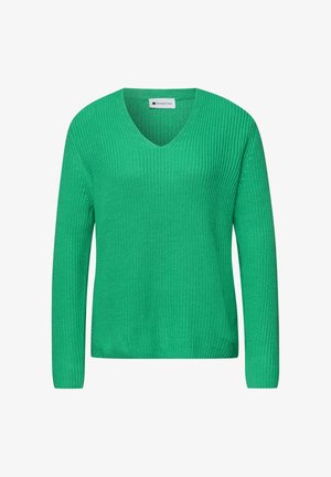 Zielony dziergany sweter z długim rękawem, dekoltem w serek i prążkowaną fakturą, z metką "Street One", prezentowany na białym tle.