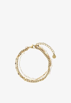 Złota warstwowa bransoletka z naprzemiennymi stylami łańcucha i małymi białymi perłami, wyposażona w zapięcie typu lobster oraz regulowany łańcuszek z zawieszką "my".