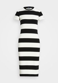 Šaty s černobílými pruhy, úzkého střihu, s krátkými rukávy a kulatým výstřihem. Vyrobené z hladké látky s rovnoměrnými pruhy.
