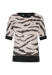 Pullover mit kurzen Ärmeln aus weichem Stoff, cremefarbener Grund mit schwarzem Tigerstreifenmuster; mit schwarzem, geripptem Kragen und Saum.