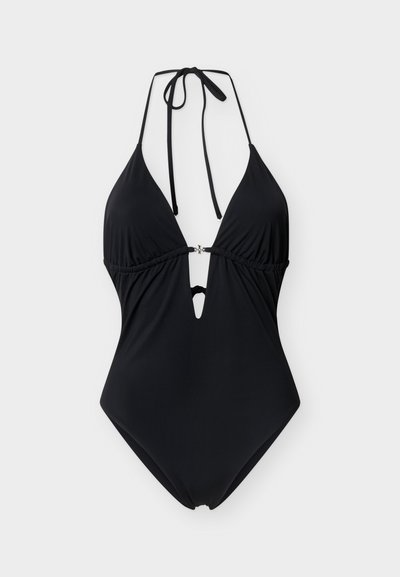 Μαύρο ολόσωμο μαγιό με λαιμόκοψη halter, βαθύ V ντεκολτέ και κλειστό κούμπωμα στο κέντρο, τοποθετημένο επίπεδα σε λευκό φόντο.