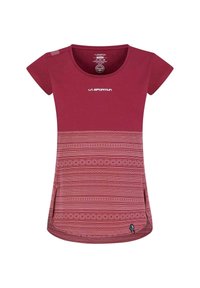 Röd t-shirt med kort ärm och mönstrad nederdel, med rund halsringning, sidofickor och en logotyp på bröstet. Tillverkad av mjukt tyg.