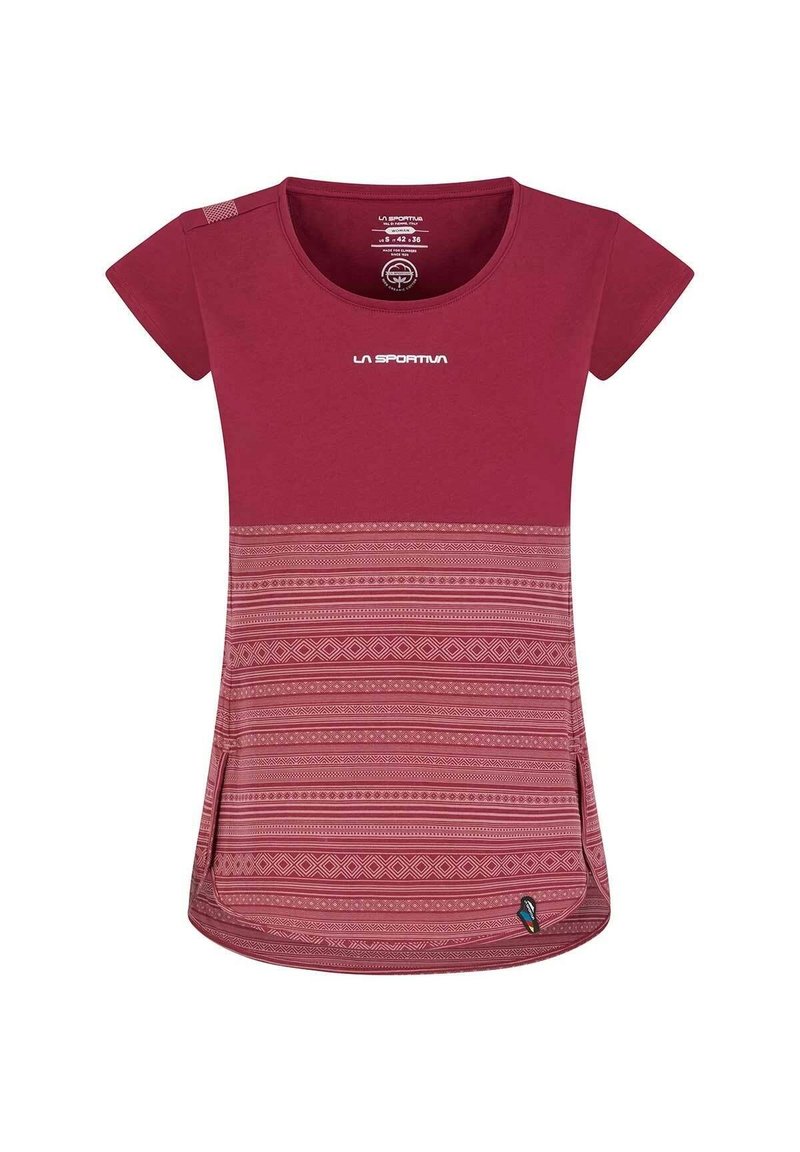 Röd t-shirt med kort ärm och mönstrad nederdel, med rund halsringning, sidofickor och en logotyp på bröstet. Tillverkad av mjukt tyg.