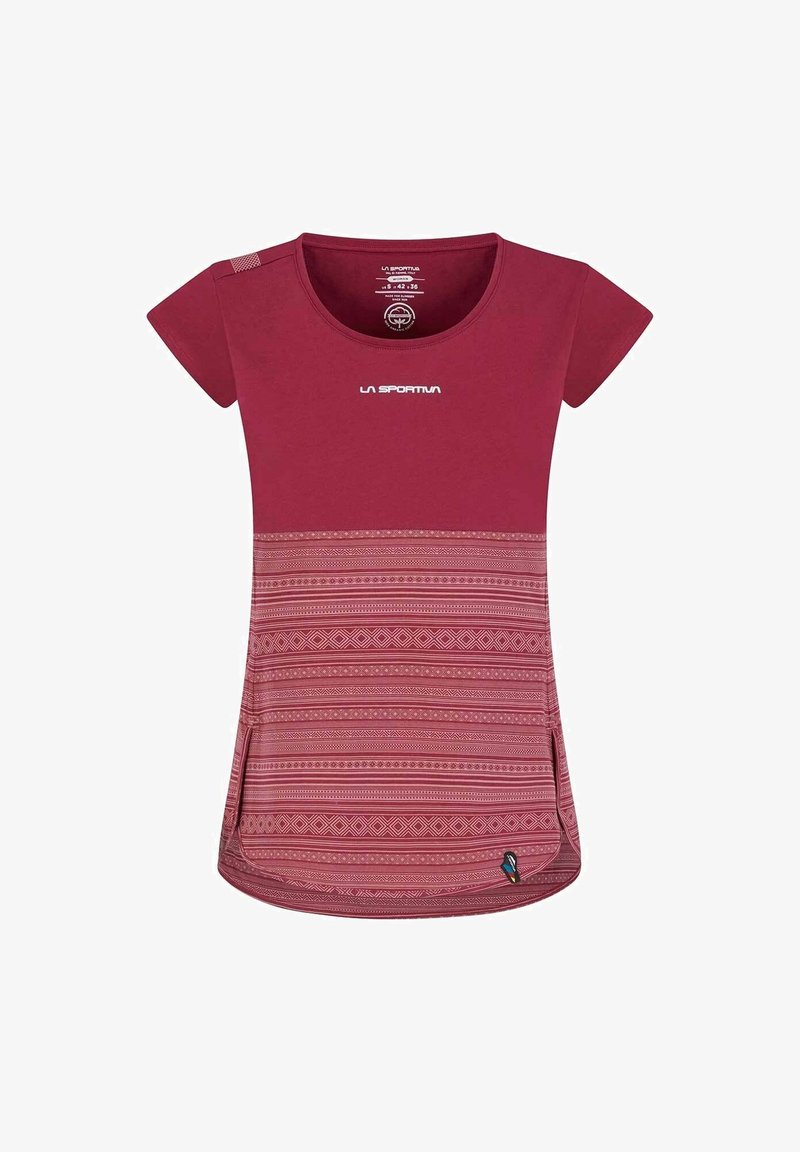 Short-sleeve red t-shirt with patterned lower half, featuring a round neck, side slits, and a logo on the chest. Made of soft fabric.