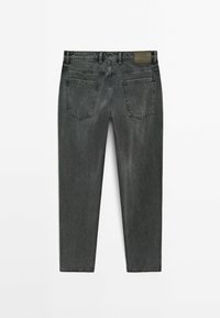 Gray denim jeans with a straight-leg cut, featuring a mid-rise waist, two back pockets, and a stitched waistband label.