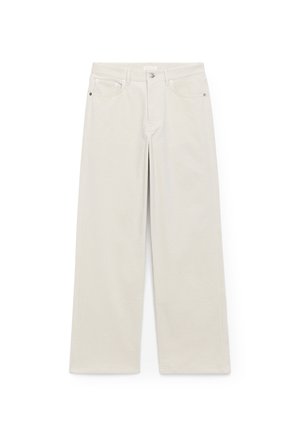 Helle beige weite Hosen aus Baumwolle. Verfügt über einen Reißverschluss, Gürtelschlaufen und Vordertaschen. Glatte Textur, minimale Nähdetails.