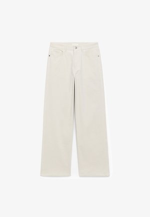 Light beige wide-leg trousers made of cotton. Features a zip fly, belt loops, and front pockets. Smooth texture, minimal stitching details.