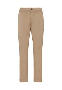 Chino pants made of lightweight cotton in a light tan color, featuring a button closure, straight leg design, and clean stitching.