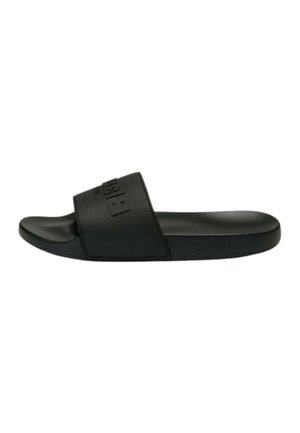 Sandalo nero tipo slide con ampio cinturino e logo in rilievo, suola piatta e plantare sagomato per un uso casual.