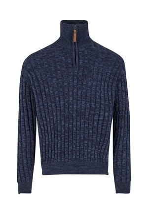 Donkerblauwe gebreide trui met hoge kraag, halve rits, ribbelstructuur en subtiel patroon. Gemaakt van zacht, gestructureerd garen.