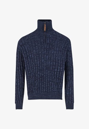 Dunkelblauer, gestrickter Pullover mit hohem Kragen, halbem Reißverschluss, geripptem Muster und subtiler Struktur. Hergestellt aus weicher, strukturierten Wolle.