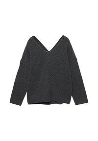 Tamno sivi oversized pulover s dubokim V izrezom, širokim rukavima i rebrastim rubom. Mekana tekstura i opušteni kroj. Nema vidljivih uzoraka ili metalnih dijelova.