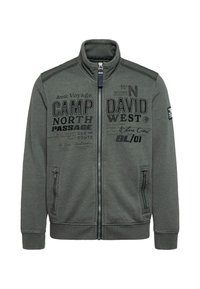 Dark gray zip-up jacket with high collar, front zip pockets, and black text graphics including "Camp David" and directional words.