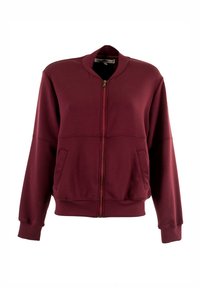Felpa bordeaux con cerniera frontale, collo alla coreana, due tasche anteriori e polsini a costine. Realizzata in tessuto morbido con una texture liscia.