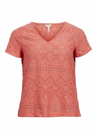 Top en dentelle corail avec un décolleté en V, des manches courtes et un motif en diamant complexe. Fabriqué à partir d'un tissu léger avec une finition texturée.