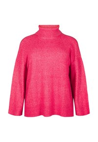 Rosa stickad polotröja med avslappnad passform, långa ärmar och ribbade detaljer vid kragen och ärmsluten. Mjuk textur med ett subtilt melerat mönster.