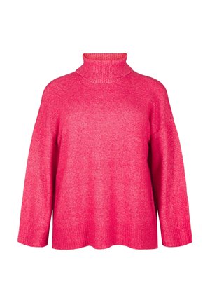 Rozā adīta turtlenecks džemperis ar brīvu piegriezumu, garām piedurknēm un ribotu akcentu apkaklē un aprocēs. Mīksta tekstūra ar smalku heathered rakstu.