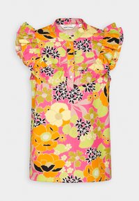 Floral sleeveless top with a ruffled neckline, featuring pink, yellow, and black flowers and green accents on a light pink background.